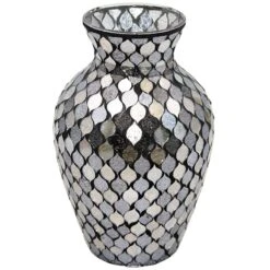 Black & Grey Mosaic Glass Vase, 12.5"