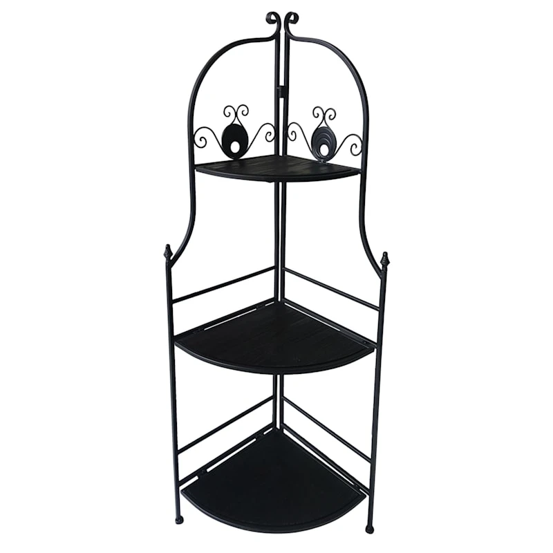 Black Metal Corner Rack With Folding Wooden Shelves, 48"