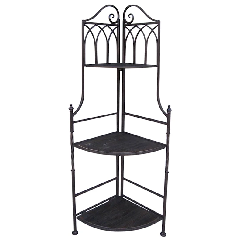 Metal Corner Rack With Brown Decorative Arch & Folding Wood-Top Shelves, 47"